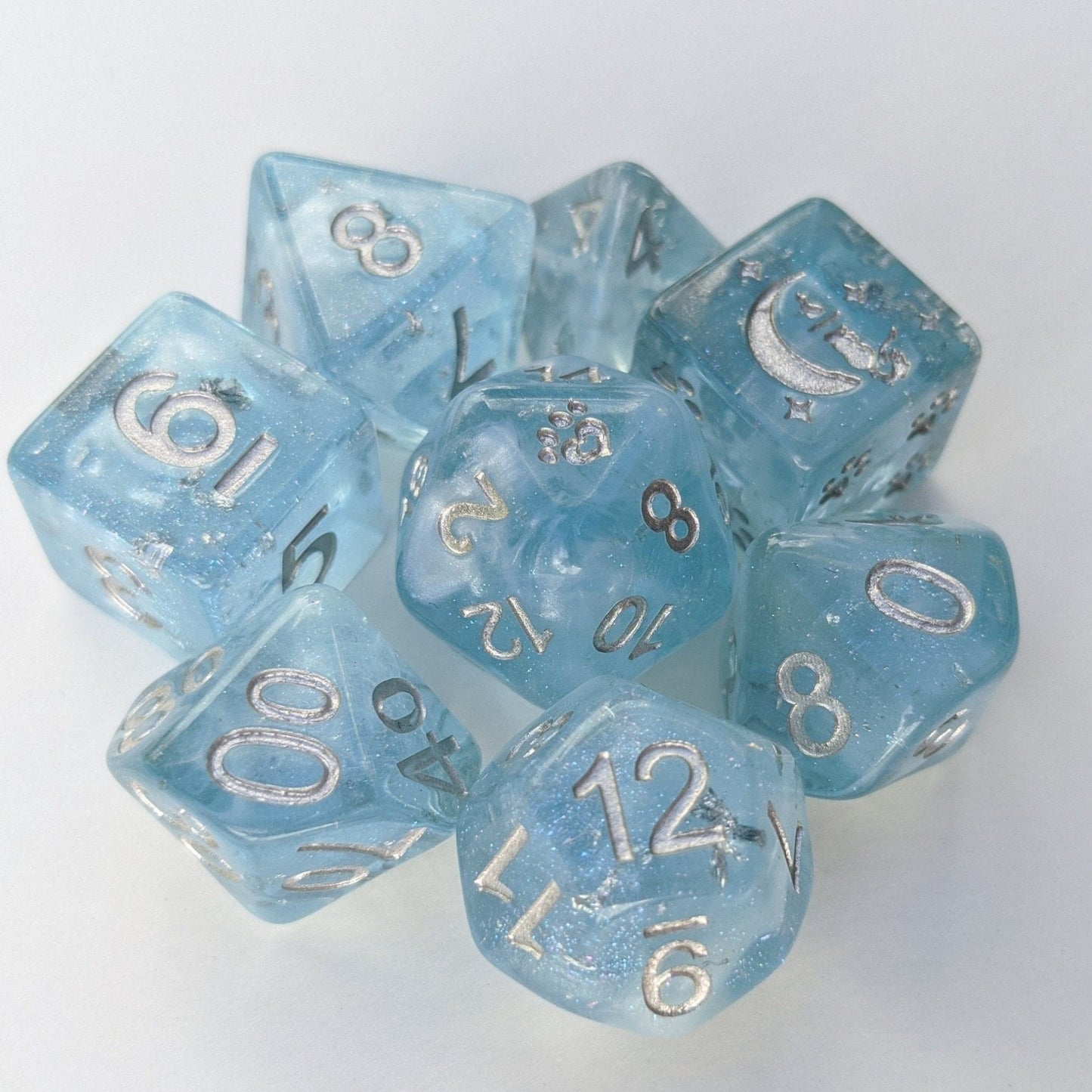 Glacial Ice 8 Piece Dice Set – Light Blue Pearly White Clouds Silver Cat Wizard - Fennek and Finch