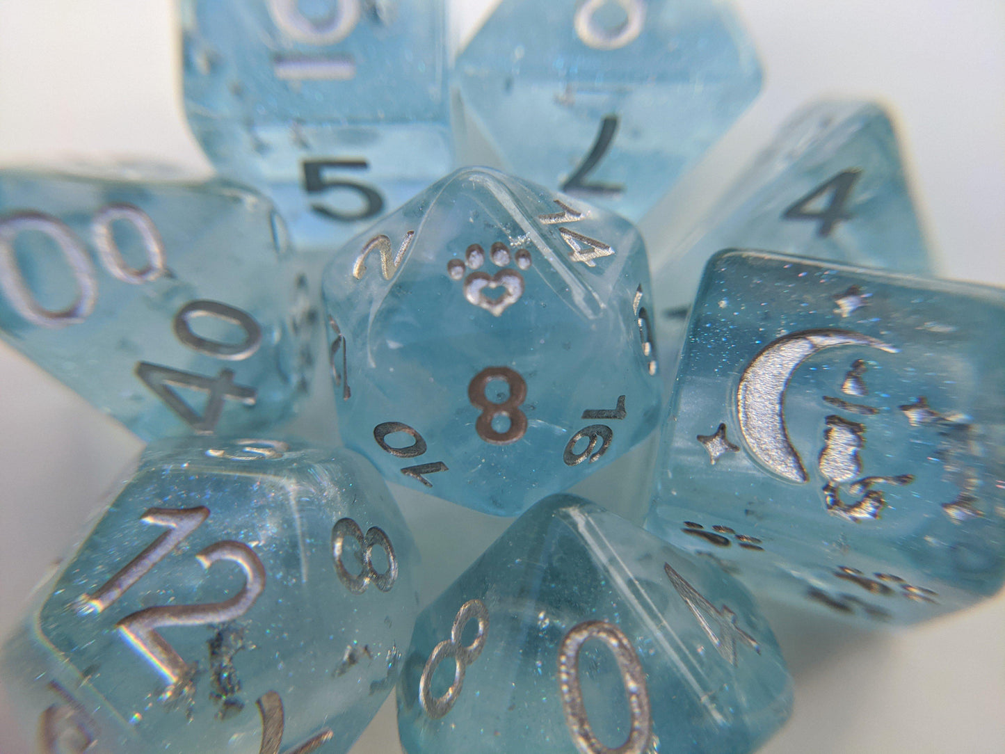 Glacial Ice 8 Piece Dice Set. Light clear blue with pearly white clouds and silver foil within. - CozyGamer
