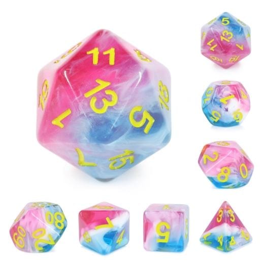 Glacier Rose Dice Set. Opaque and Clear Semi Layered Red, Blue and White
