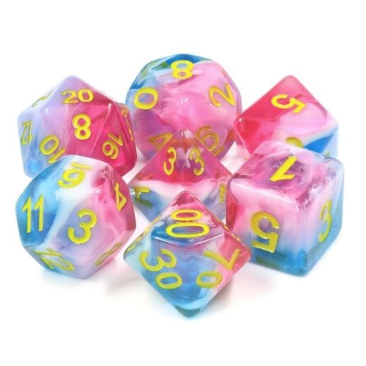 Glacier Rose Dice Set. Opaque and Clear Semi Layered Red, Blue and White