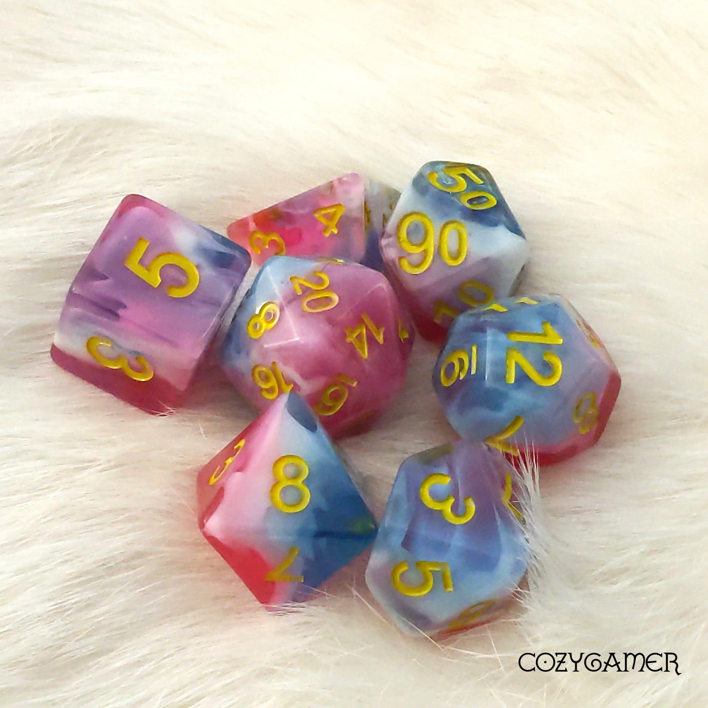 Glacier Rose Dice Set. Opaque and Clear Semi Layered Red, Blue and White