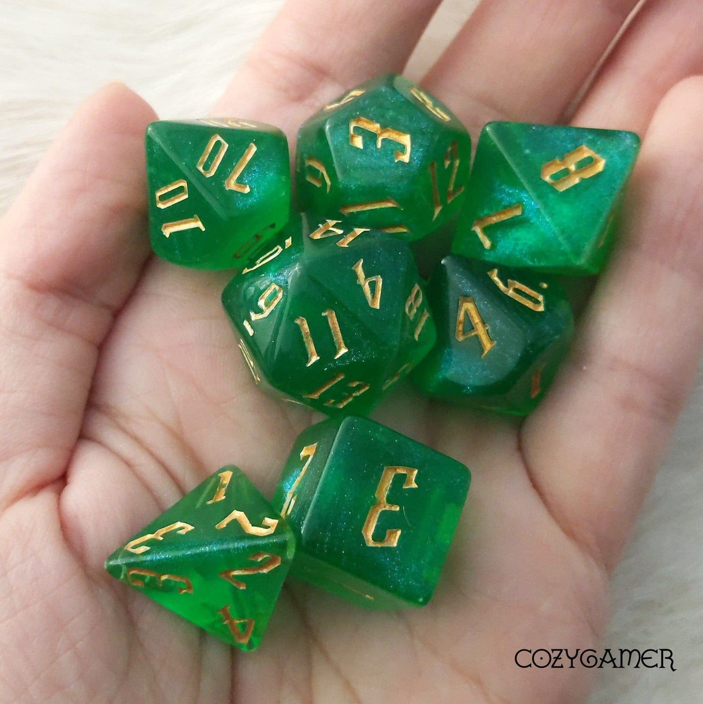 Glass Green Glitter Acrylic Dice Set. TTRPG 7 Piece Dice
