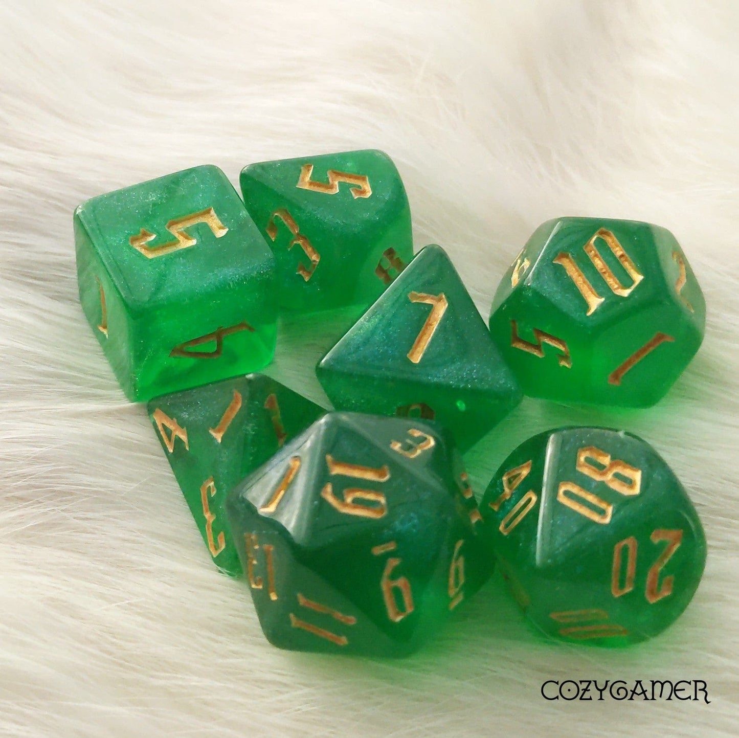Glass Green Glitter Acrylic Dice Set. TTRPG 7 Piece Dice