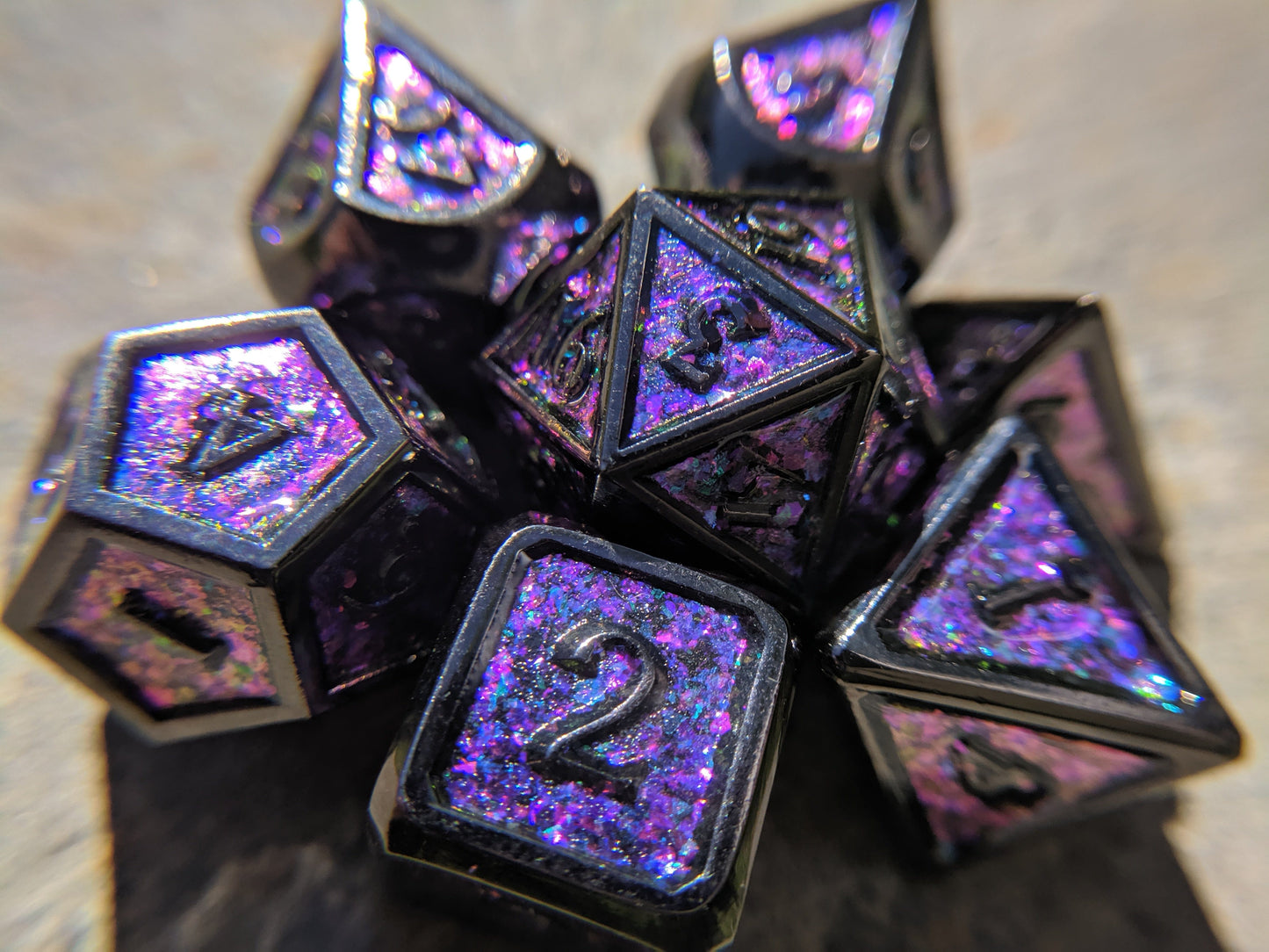Metal DnD Dice Set - Glittering Blue and Purple with Black Trim Dice sets Fennek and Finch