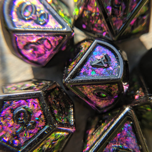 Glittering Magenta Green Color Shift Metal Dice Set with Black Trim - CozyGamer