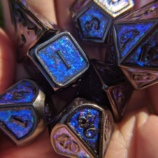 Glittering Night Sky Blue Purple Teal Metal Dice Set with Black Trim - CozyGamer