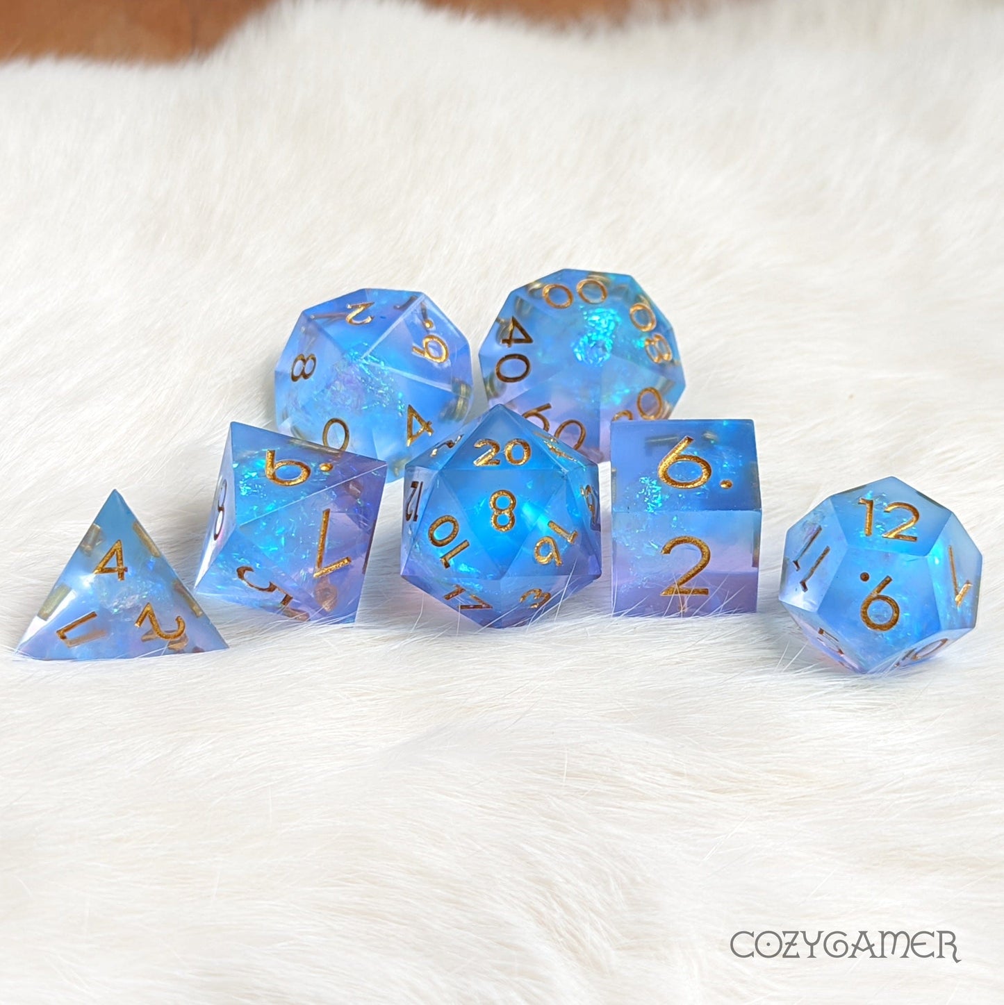 Glowing Frost Sharp Edge Resin Dice Set. 7 Piece DND dice set