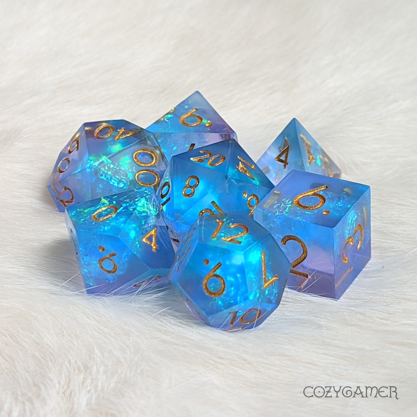 Glowing Frost Sharp Edge Resin Dice Set. 7 Piece DND dice set