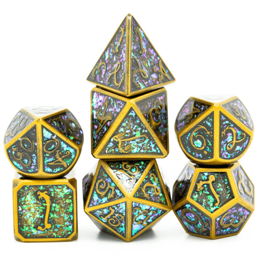 Gold Cloud Dragon DnD metal dice set with purple and green glittery faces, gold borders, and serpentine dragon font.