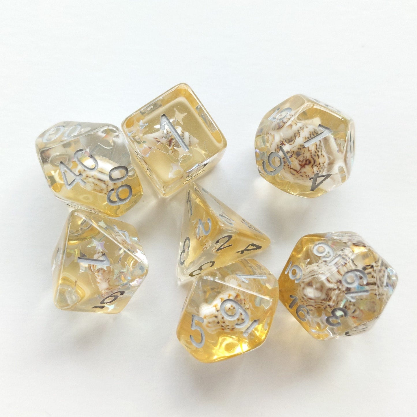Gold Conch Dice Set with Real Seashells and Glitter, 7 Piece Polyhedral Dice, Perfect for Dungeons and Dragons or Beach Themes