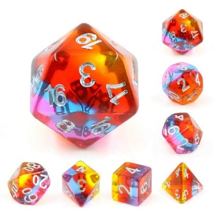 Golden Time Dice Set. Clear Layered Yellow, Red, Purple, and Pink Resin Dice Set Dice Sets & Games Fennek and Finch