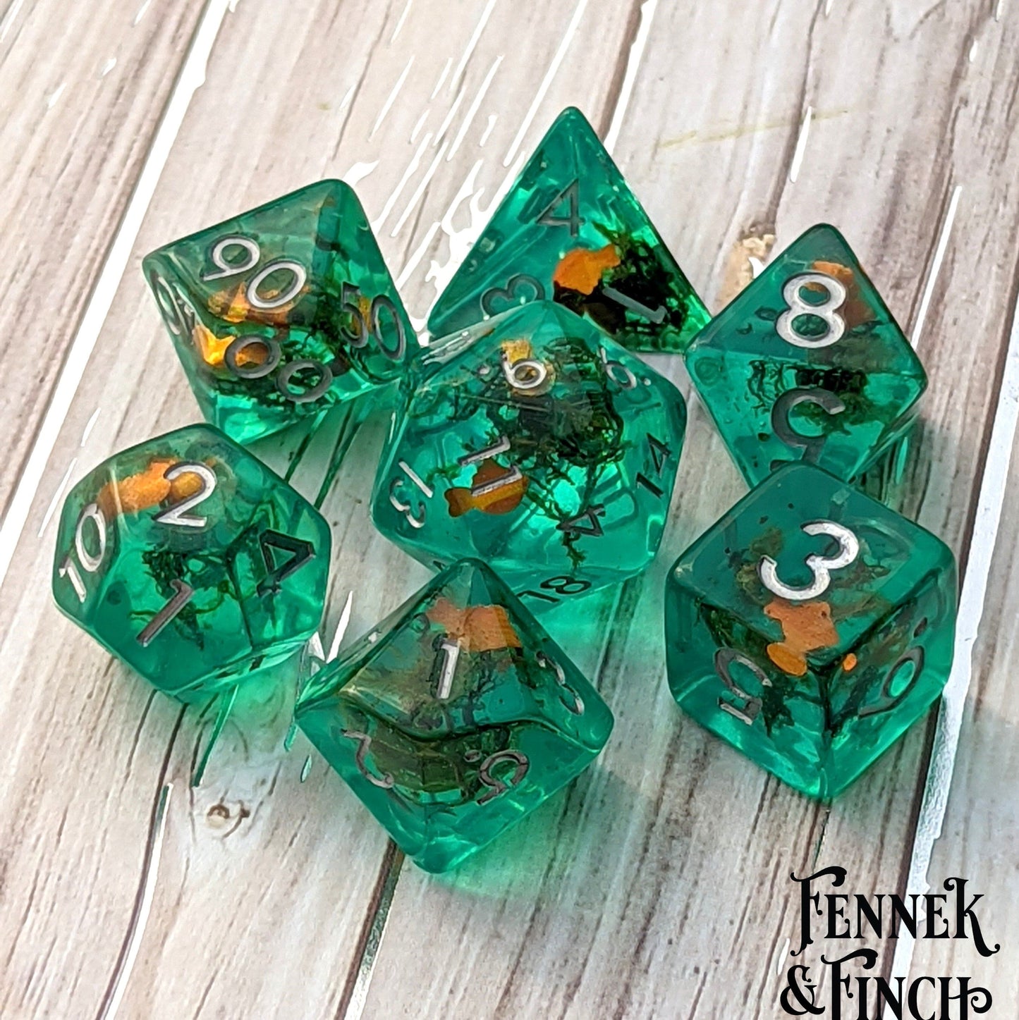Goldfish Pond. Teal resin dice set with gold fish and plants Dice sets Fennek and Finch