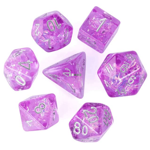 Grape Candy Crackle Dice Set – 7 - Piece Purple Glitter Crackle DnD Dice - Fennek and Finch