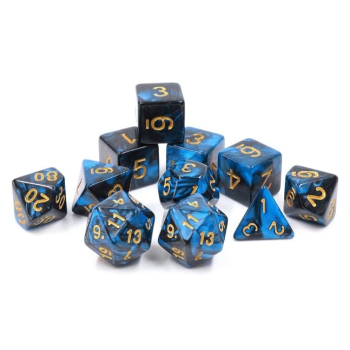 Marbled blue and black acrylic DnD dice set of 11 pieces with extra D20 and 4 D6, perfect for Dungeons & Dragons gameplay.