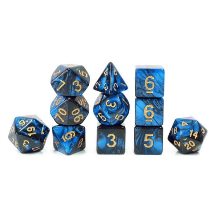 Marbled blue and black 11-piece acrylic DnD dice set with gold numbers for Dungeons & Dragons gaming.
