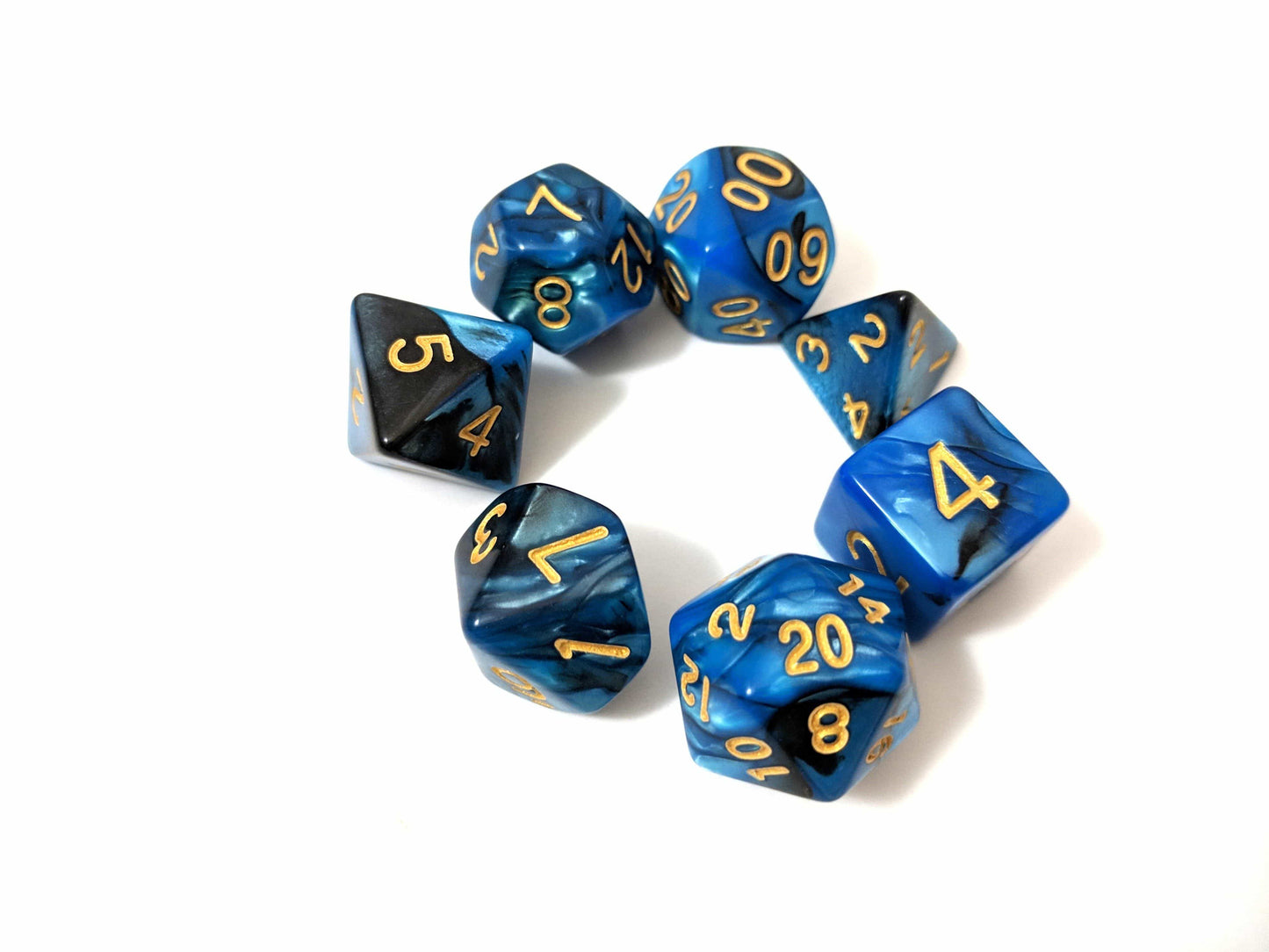 Graveyard Dice Set, Blue and Black Marbled 7 Piece D&D Dice Set - CozyGamer