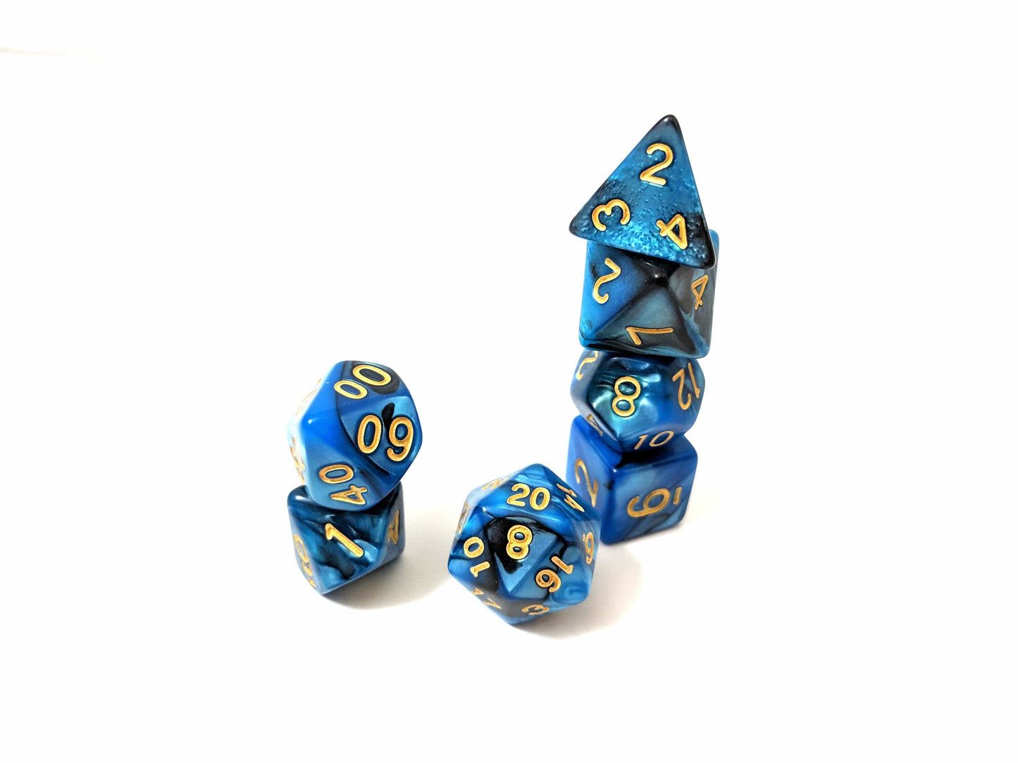 Graveyard Dice Set, Blue and Black Marbled 7 Piece D&D Dice Set - CozyGamer