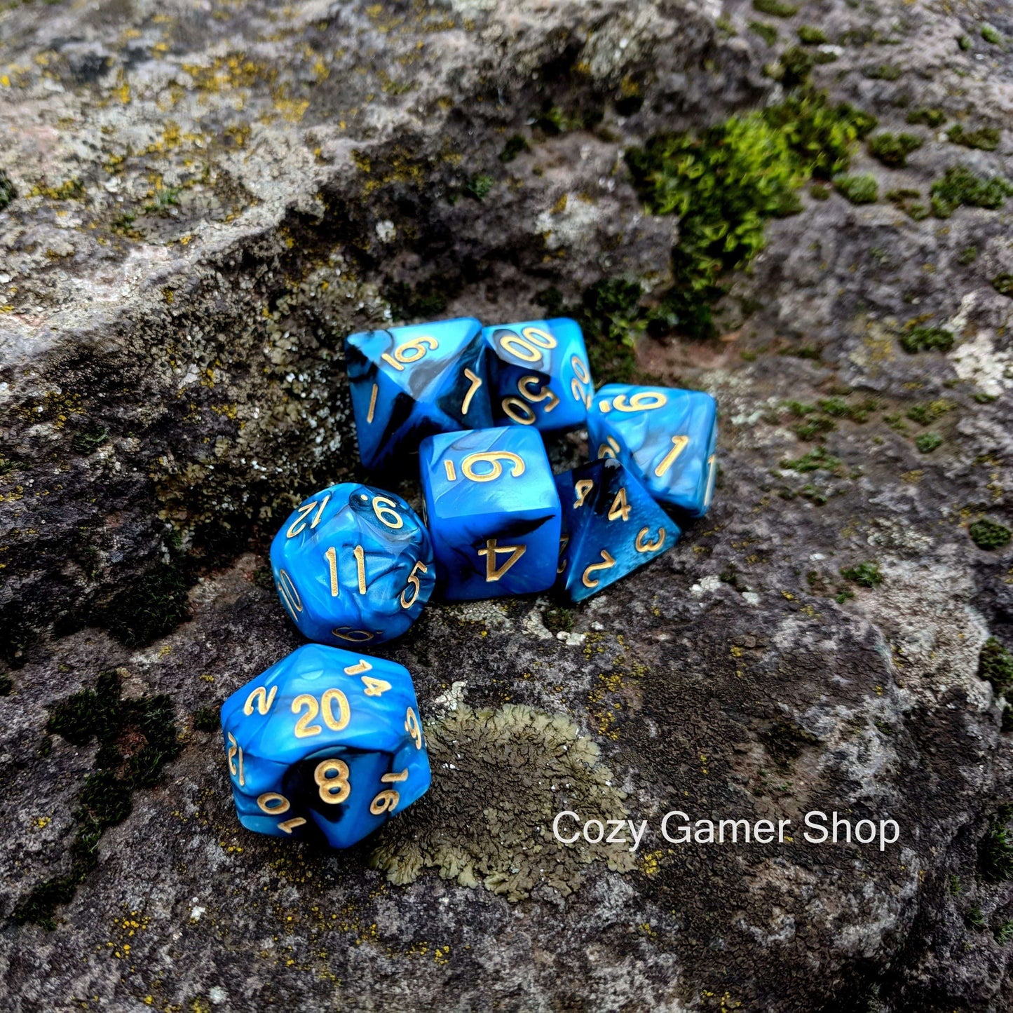Graveyard Dice Set, Blue and Black Marbled 7 Piece D&D Dice Set - CozyGamer
