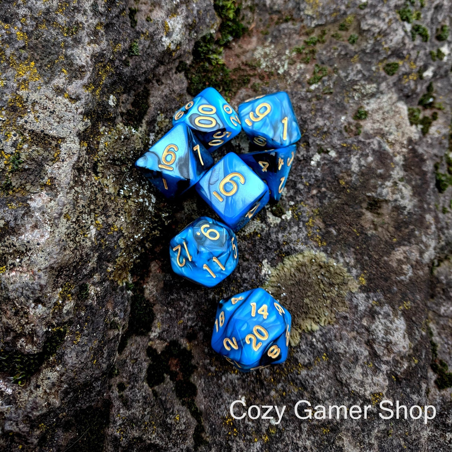 Graveyard Dice Set, Blue and Black Marbled 7 Piece D&D Dice Set - CozyGamer