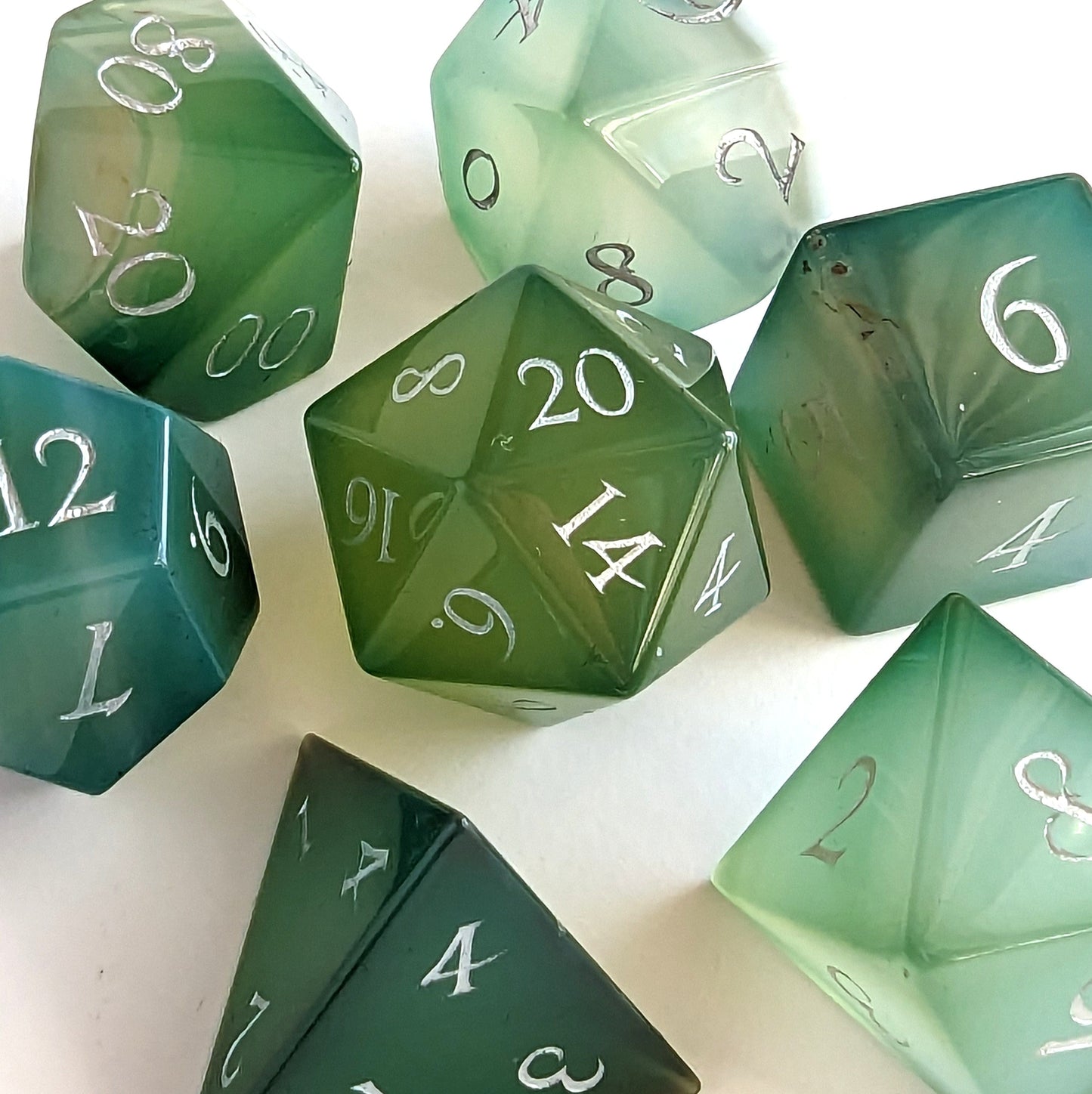Green Agate Dice Set. Real Gemstone 7 Piece TTRPG Dice