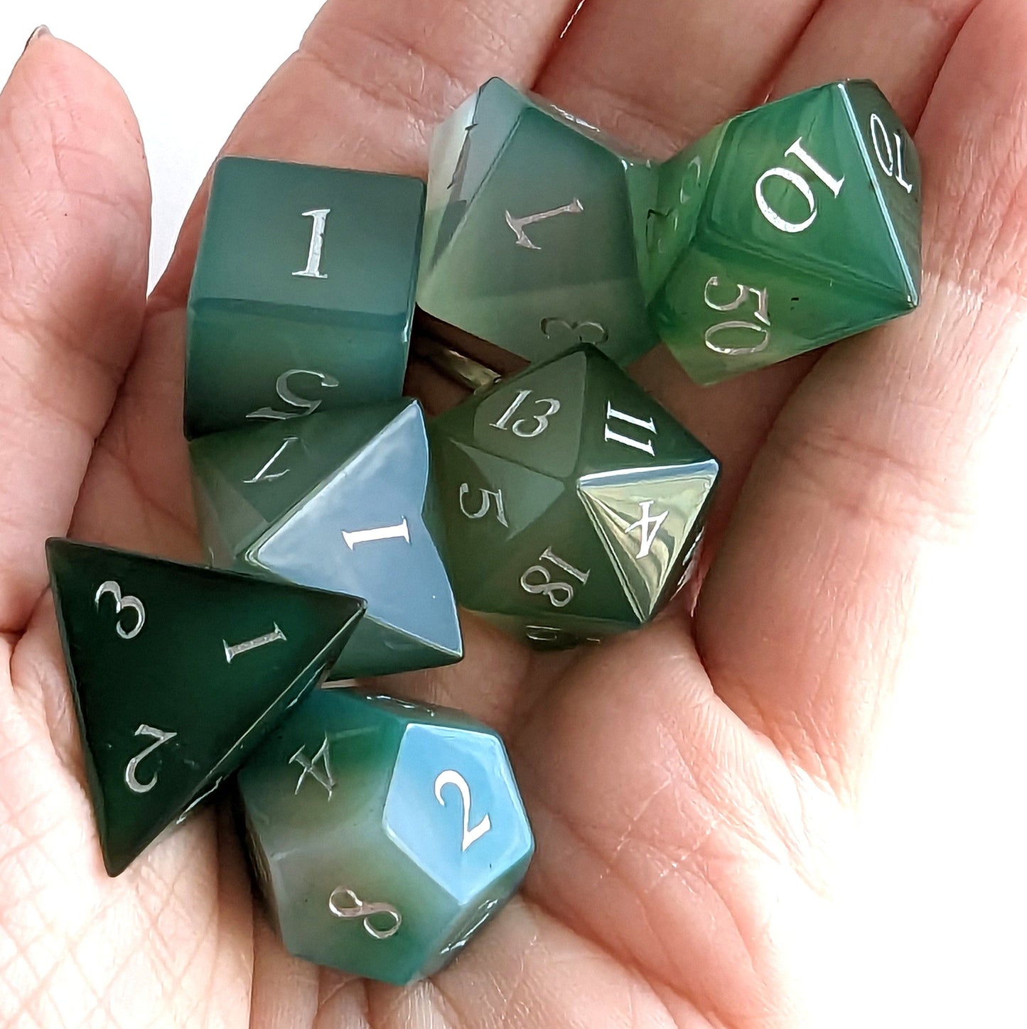 Green Agate Dice Set. Real Gemstone 7 Piece TTRPG Dice