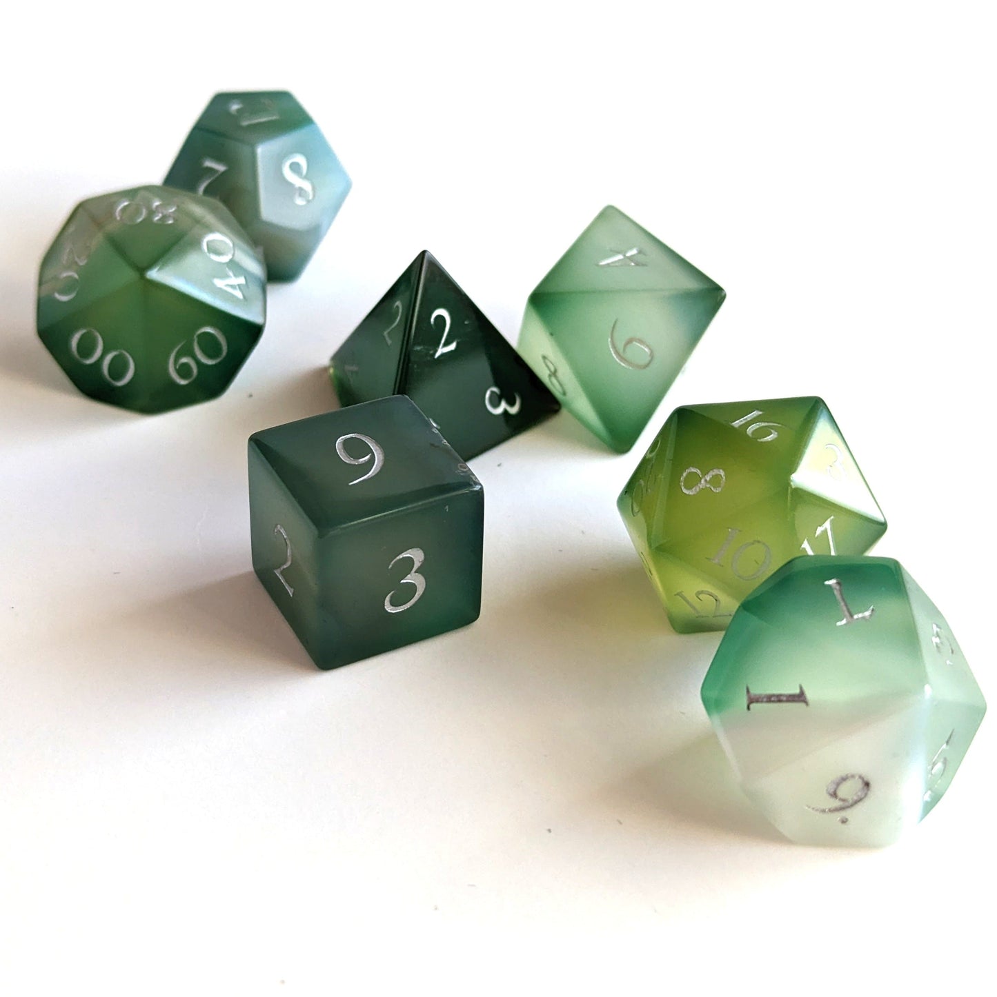 Green Agate Dice Set. Real Gemstone 7 Piece TTRPG Dice