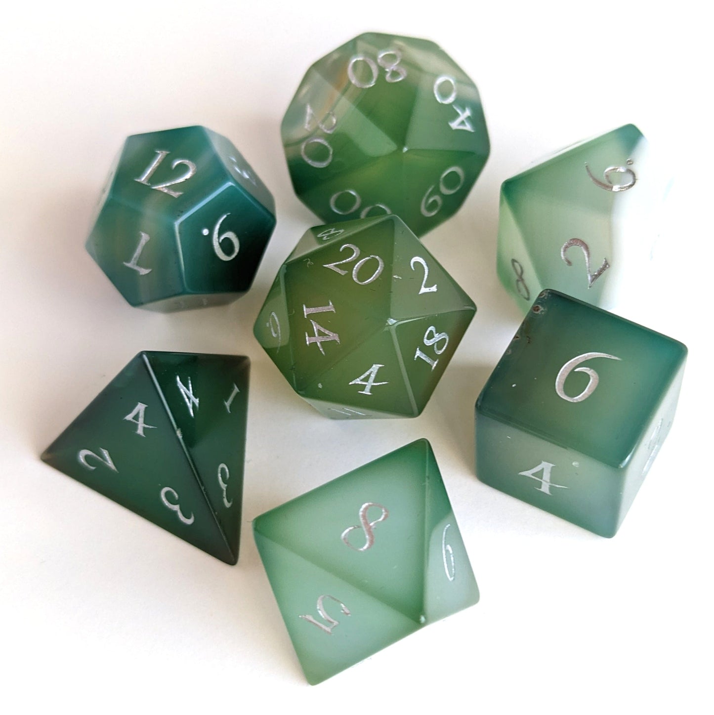 Green Agate Dice Set. Real Gemstone 7 Piece TTRPG Dice