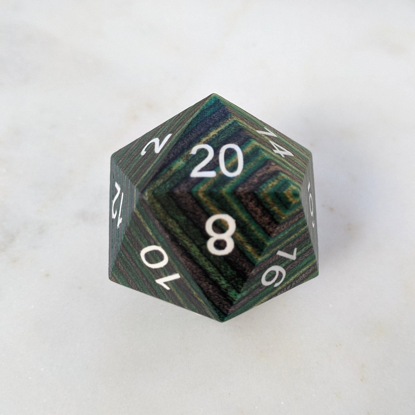 Green and Brown Stripe Large Wood D20 - CozyGamer