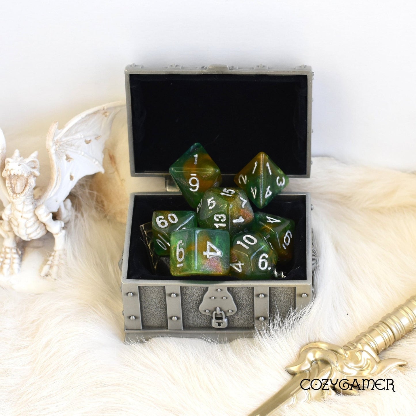 Green and Brown Will O Wisp Dice Set. Glitter TTRPG Dice Dice Sets & Games Fennek and Finch