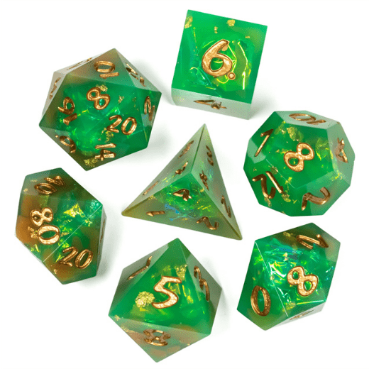 Green and orange sharp edge resin dice set with gold foil and glitter, 7-piece TTRPG polyhedral dice for DND.