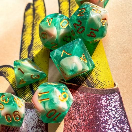 Green and Pink Will O Wisp Dice Set - CozyGamer