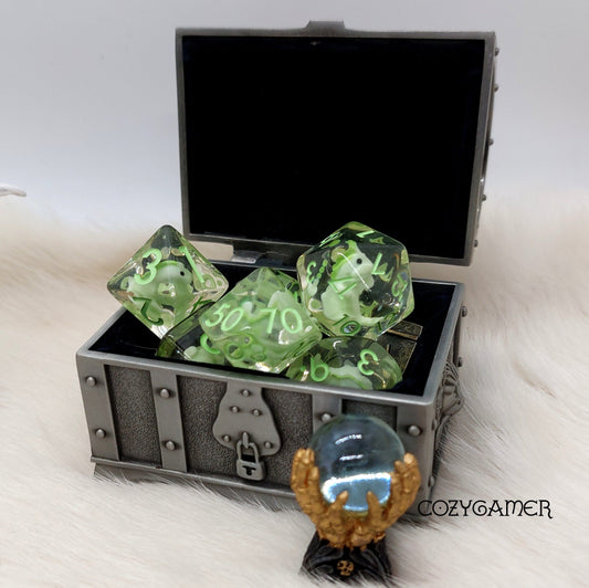 Green Dinosaur Dice Set. Clear Tiny Dinosaur Animal Dice Dice Sets & Games Fennek and Finch