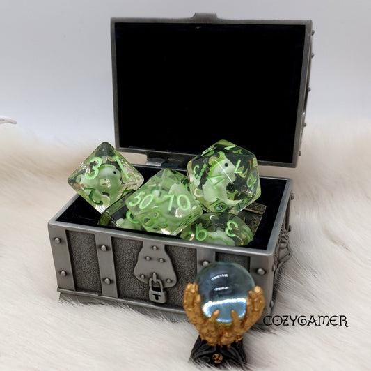 Green Dinosaur Dice Set. Clear Tiny Dinosaur Animal Dice