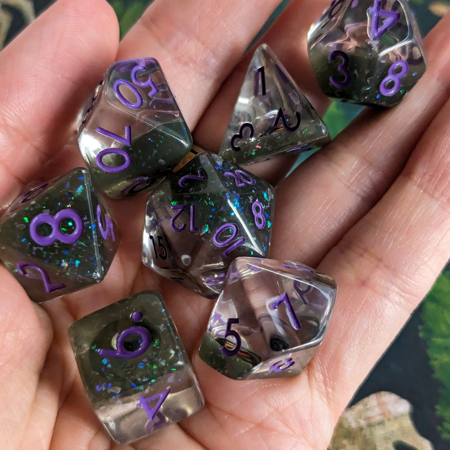 Green Eye DnD Dice Set Purple Font – 7 - Piece Green Resin Eye Inclusion Dice - Fennek and Finch