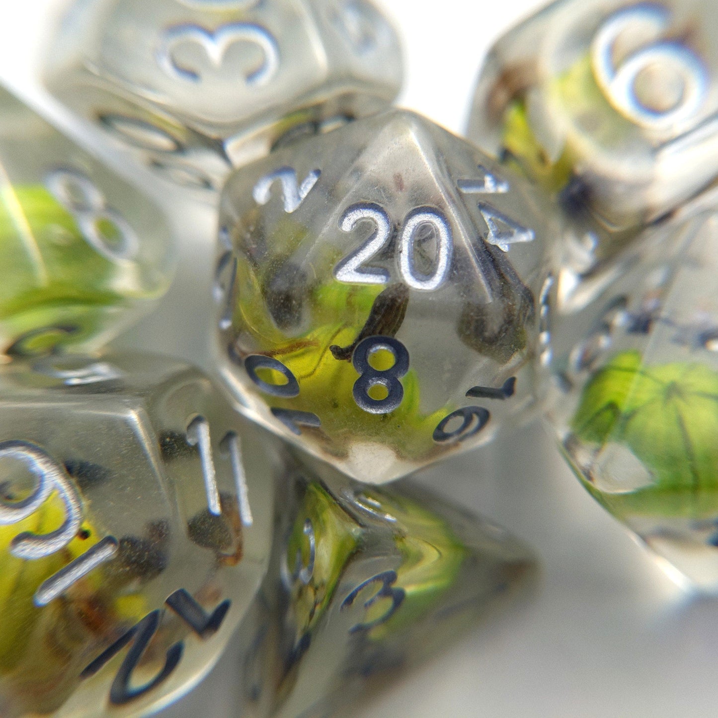Green Flower and Lavender Dice Set. Real Dried Flower in Clear Resin Dice sets Fennek and Finch