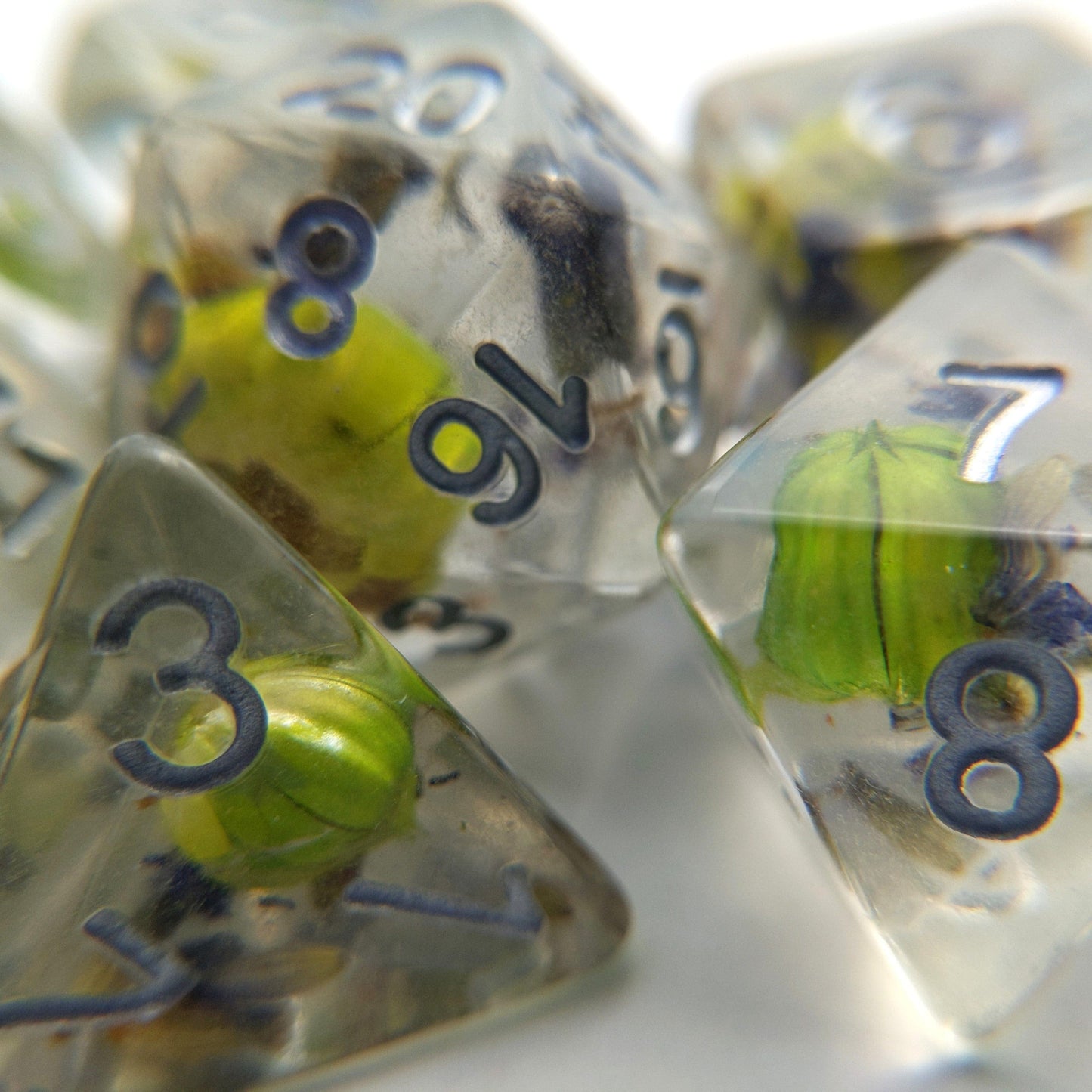 Green Flower and Lavender Dice Set. Real Dried Flower in Clear Resin Dice sets Fennek and Finch