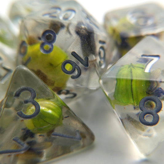 Green Flower and Lavender Dice Set. Real Dried Flower in Clear Resin Dice sets Fennek and Finch