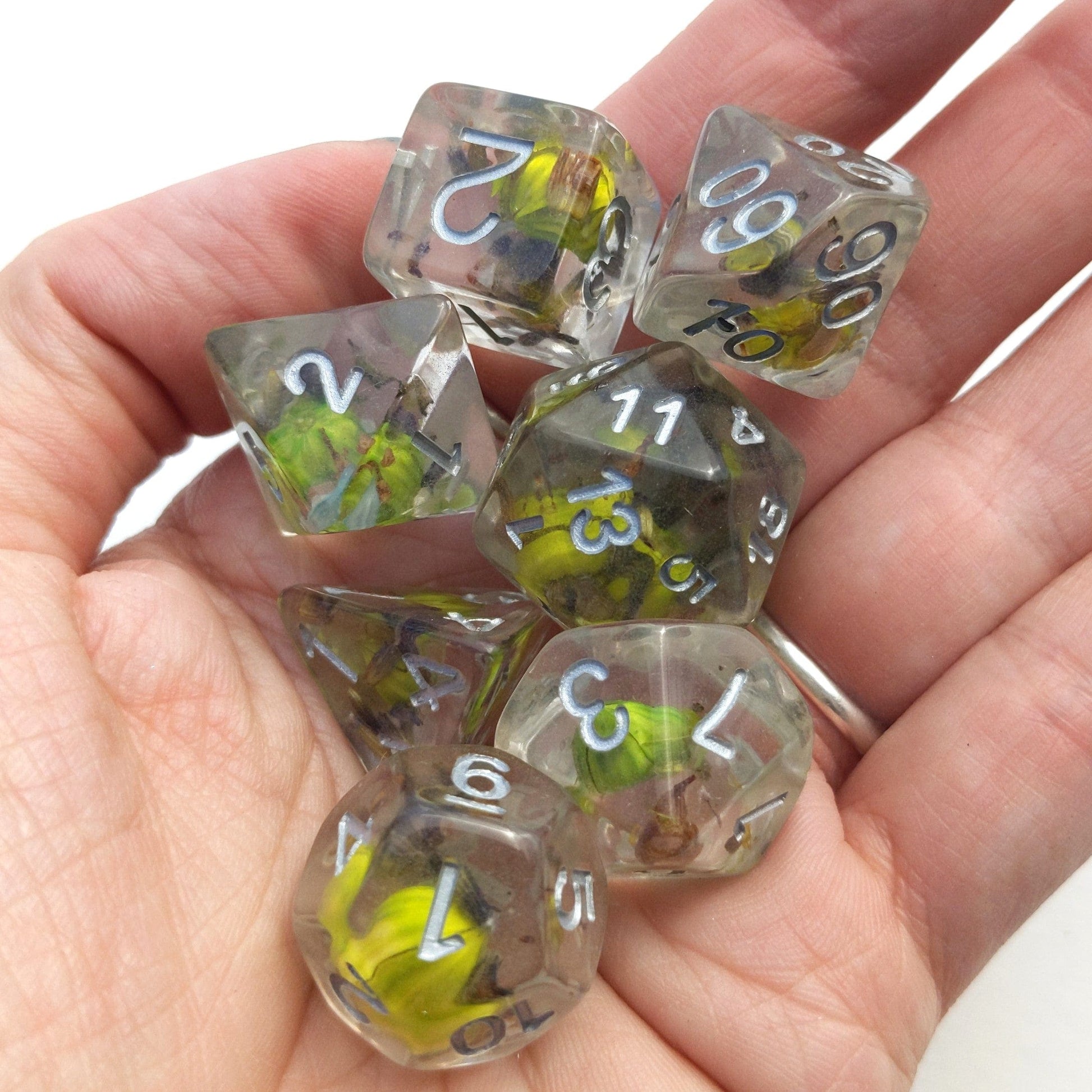 Green Flower and Lavender Dice Set. Real Dried Flower in Clear Resin Dice sets Fennek and Finch