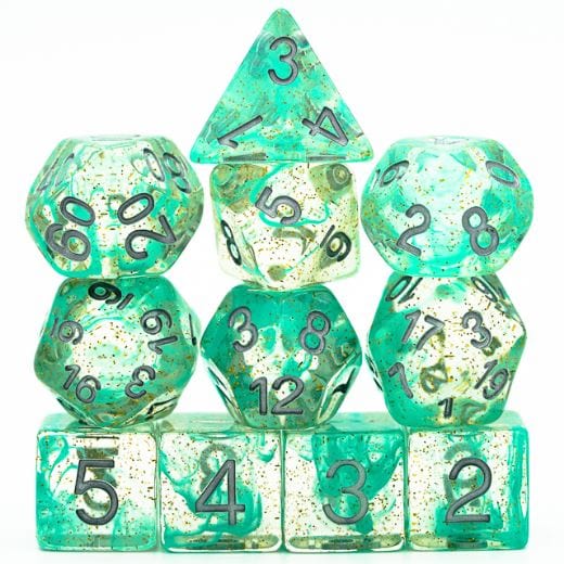 Green Glitter Smoke 11 Piece Dice Set with Silver Font for Dungeons & Dragons, featuring clear resin with suspended glitter and green smoke.