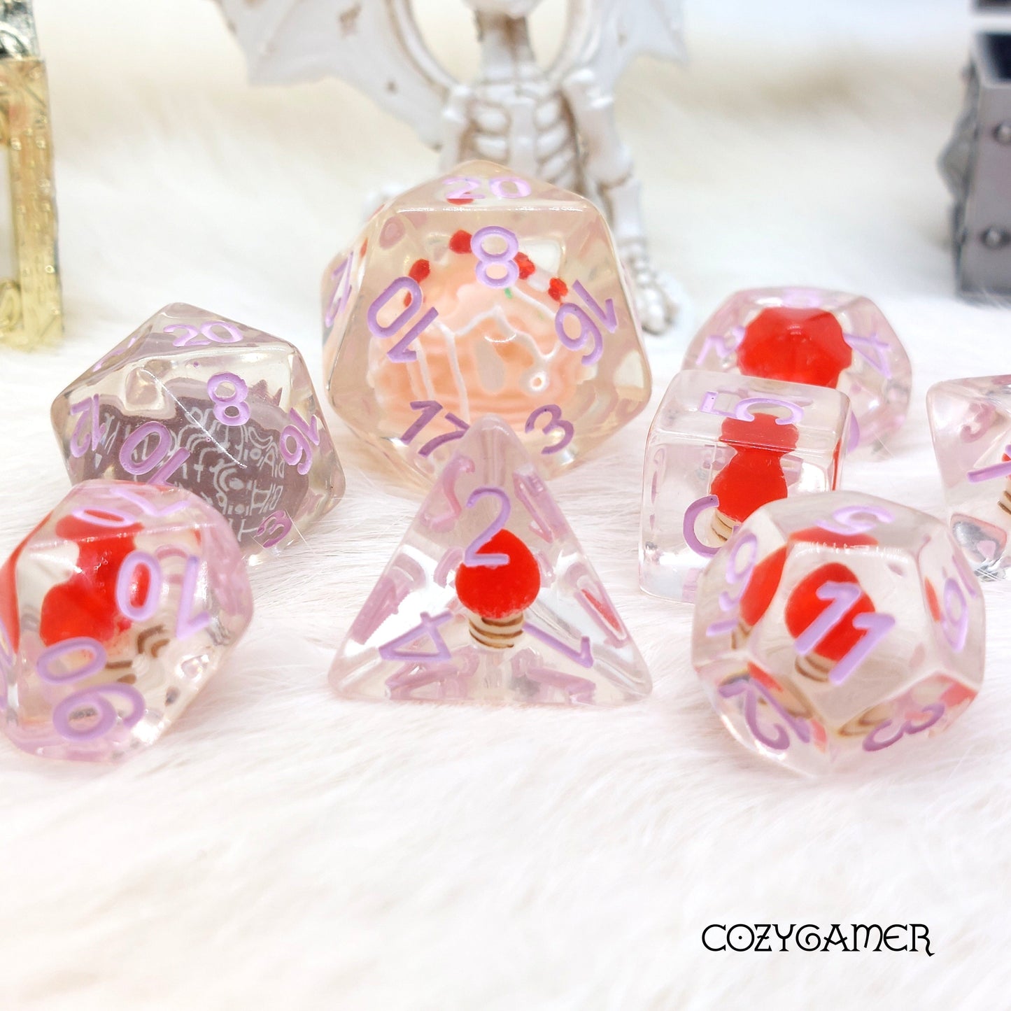 Happy Birthday Dice Set. Clear Cake and Candy Dice, 8 piece set, extra D20 Dice Sets & Games Fennek and Finch