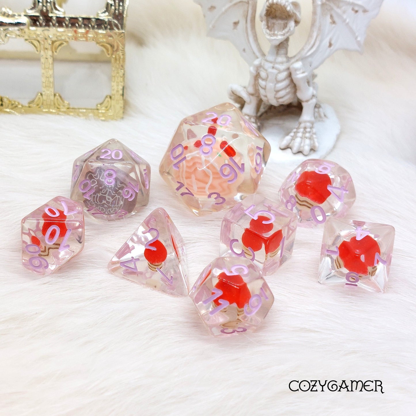 Happy Birthday Dice Set. Clear Cake and Candy Dice, 8 piece set, extra D20 Dice Sets & Games Fennek and Finch
