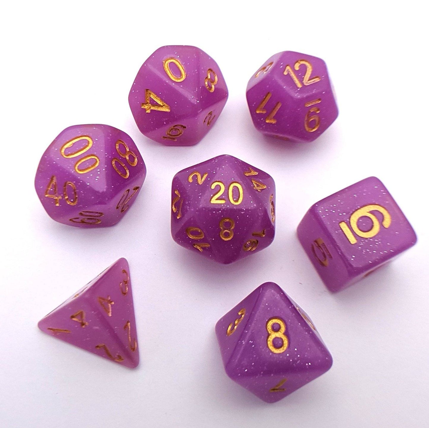 Harpy Feather DnD Dice Set, Purple Semi Translucent Glitter Dice - CozyGamer