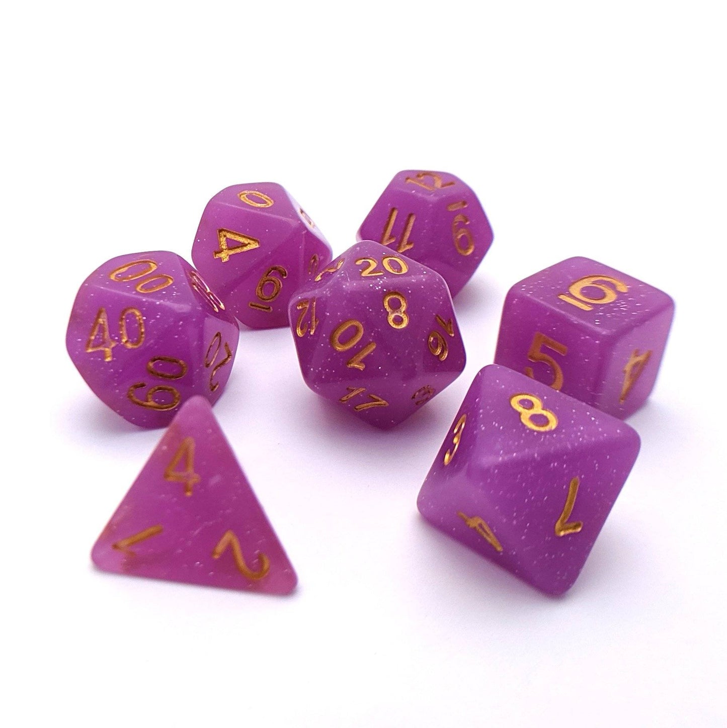 Harpy Feather DnD Dice Set, Purple Semi Translucent Glitter Dice - CozyGamer