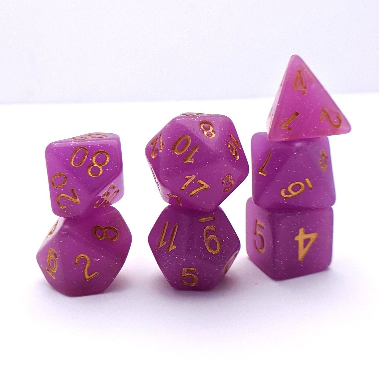 Harpy Feather DnD Dice Set, Purple Semi Translucent Glitter Dice - CozyGamer