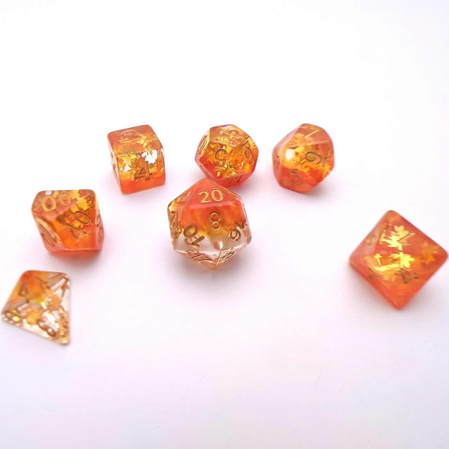 Harvest Dice Set – 7-Piece Translucent Pearly Orange Golden Leaf Glitter DnD Dice sets Fennek and Finch