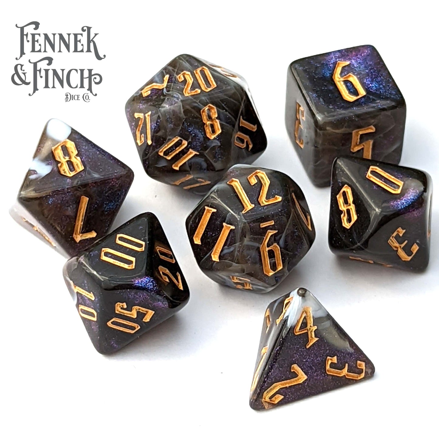 Haunt Dice Set. Marbled Black and Gray Shimmering Dice