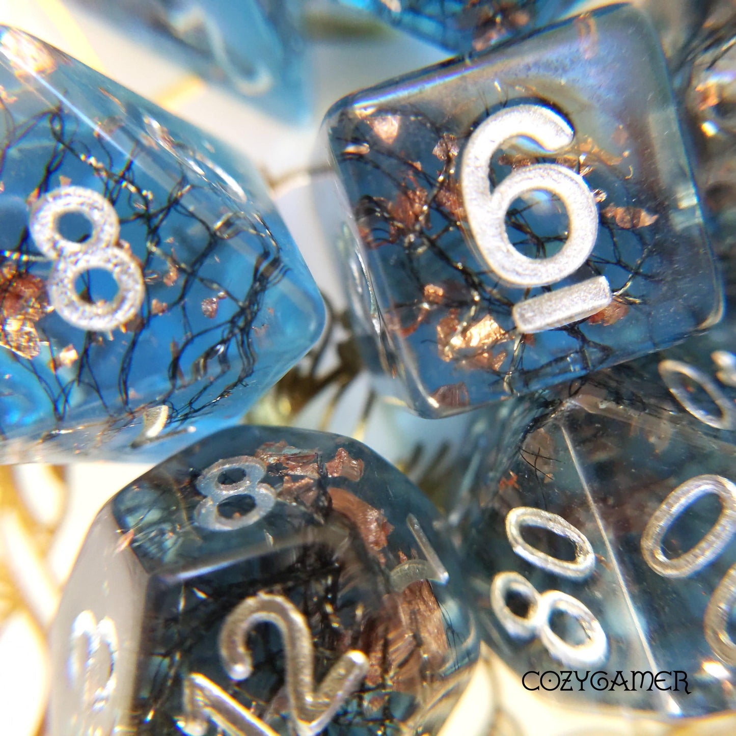 Haunted Forest DnD Dice Set with shimmering bramble threads and copper foil, essential for tabletop games and Magic the Gathering.