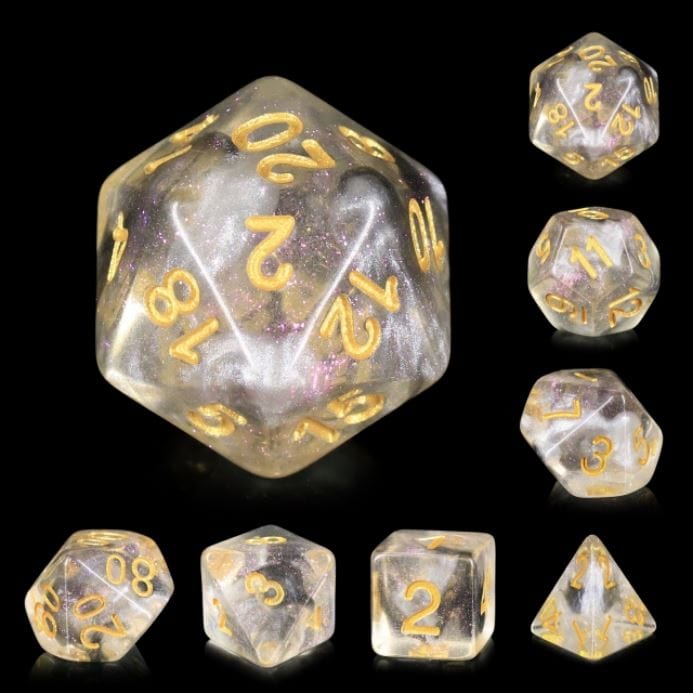 Haze Dice Set with white and black smoke in glittering resin, 7-piece polyhedral dice set for tabletop RPGs like Dungeons and Dragons.