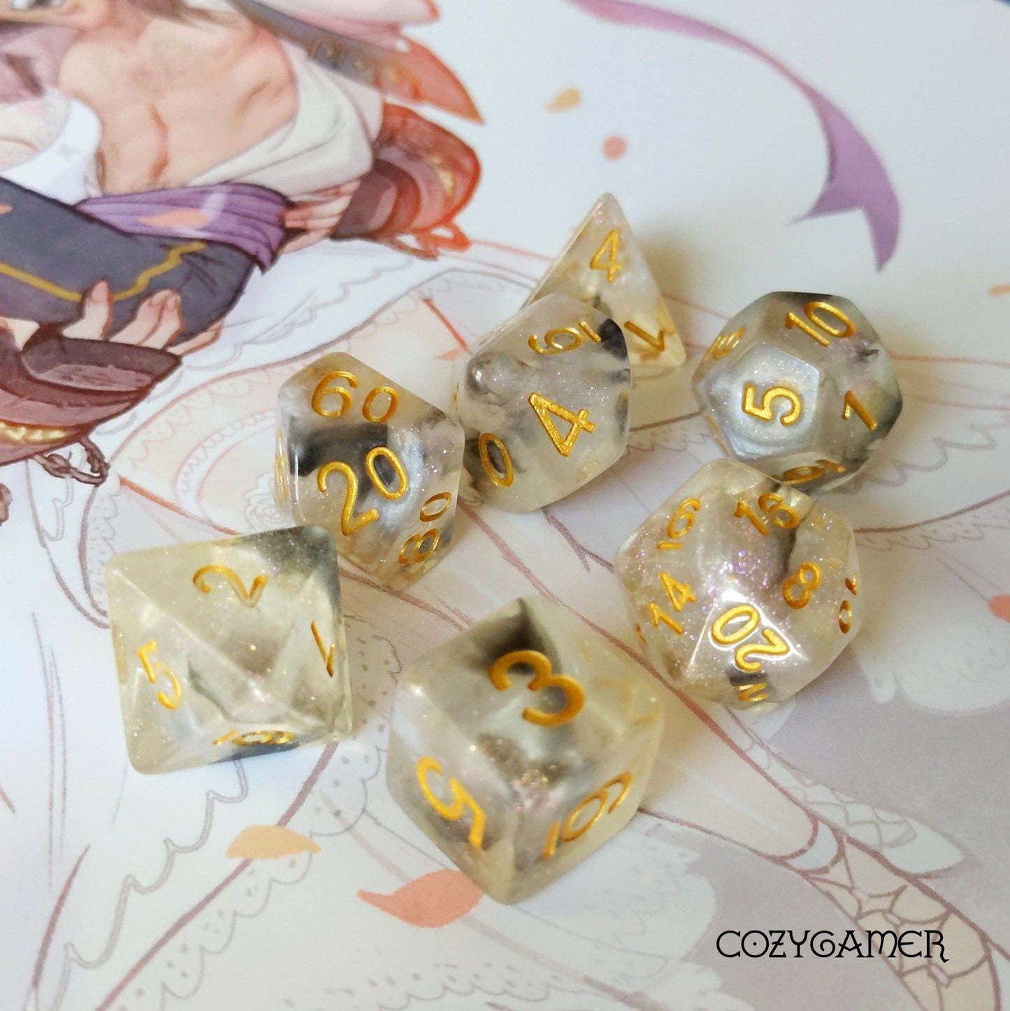 Haze Dice Set with white and black smoke in glittering resin displayed on a tabletop, perfect for Dungeons and Dragons and TTRPGs.