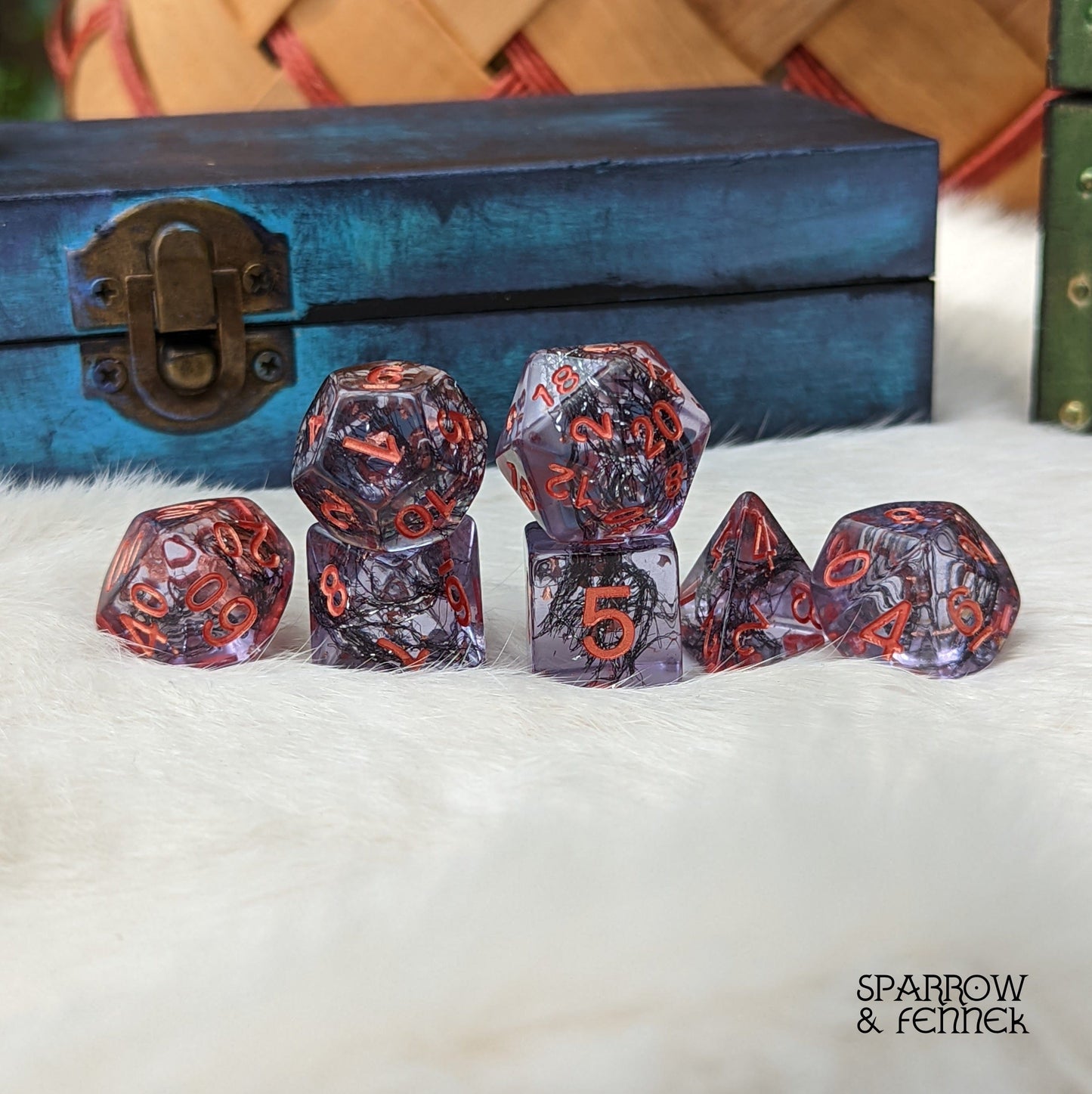 Hollow One Dice Set. 7 Piece Undead Themed Dice Set with Black Thread and Copper Foil Dice sets Fennek and Finch